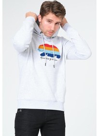 Resim Süzene Nakış Ayı Baskılı Kapüşonlu Gri Sweatshirt Polarlı Çok Renkli 