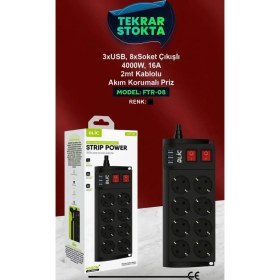 Resim Azurtech 8’li Akım Korumalı Priz 3 USB Girişli 4000W 16A 2 Metre Kablolu Çoklu Priz 