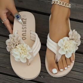 Resim Kadınların Çift Renkli Çiçek Desenli Flip-Flop'ları, Bej Renkli Rahat Ayak Bileği Terlikleri, Yaz İçin Yumuşak Tabanlı Rahat Plaj Sandaletleri 