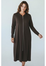 Resim Kadın Önü Fermuarlı Kolu Manşetli Gizli Cepli Mevsimlik Kap Kahverengi 