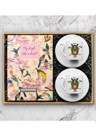 Resim Kişiye Özel Kuş Motifli Defter & 2'li Yılbaşı Tasarımlı Türk Kahve Fincanı Hediye Seti 