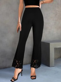 Resim Kadın Yüksek Bel Paçaya Doğru Genişleyen Lazer çiçek Kesim Detaylı Ithal Krep Pantolon - Lacivert / L-XL 