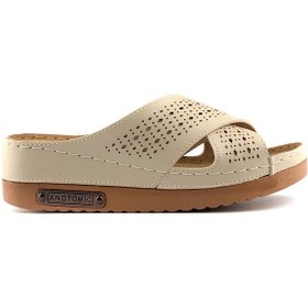 Resim Kadın Ortopedik Yumuşak Tabanlı Terletmeyen Çift Bantlı Hasır Tipi Delikli Rahat Anne Ev İçi Terliği Bej 