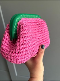 Resim UNİCORNS Hasır Çanta, Hasır El Çantası, Pembe Hasır Clutch, Burslu Çanta 