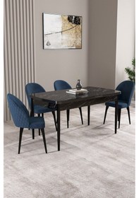 Resim Milas Siyah Mermer Desen 80x132 Mdf Açılabilir Yemek Masası Takımı 4 Adet Sandalye Lacivert 
