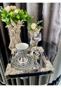 Resim Atabey Home Collection 6'lı Kahve & Çay & Sunum Tepsisi Metal Döküm Kare Gümüş Gül Model 
