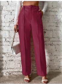 Resim Kadın Önden Fermuarlı Cepli Geniş Kesim Lame Deri Pantolon Kırmızı 