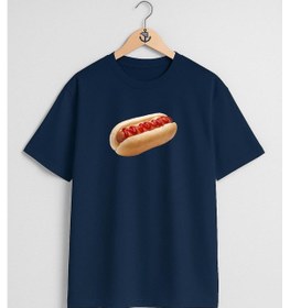 Resim Oversize Sosisli Hotdog Göğüs Tasarımlı Unisex T-shirt Lacivert 