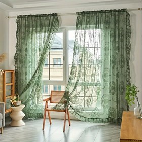Resim 1 adet Zarif Yeşil Çiçekli Şeffaf Perde - Romantik Dantel Tasarımı, Yarı Şeffaf Polyester, Oturma Odası ve Yatak Odası Dekoru için Mükemmel, Bahçe Temalı Pencere, Yarı Şeffaf Perdeler | Dantel Perdeler | Polyester Kumaş, Oturma Odası Perdeleri 