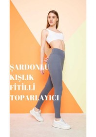 Resim Haki Yüksek Bel Fitilli Toparlayıcı İnterlok Örme Şardonlu Spor Kışlık Tayt Antrasit 