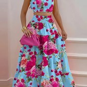 Resim Kadın Çiçek Desenli Ruffle Etek Elbise, Kare Yaka Kısa Üst ile Katmanlı Etek, %100 Polyester, Dokuma Kumaş, 110g/m², Tüm Mevsimler 