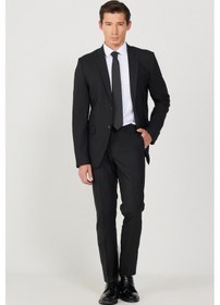 Resim AC&Co / Altınyıldız Classics Erkek Sıyah Slim Fit Dar Kesim Düz Siyah 8 Drop Su Geçirmez Nano Takım Elbise Siyah 