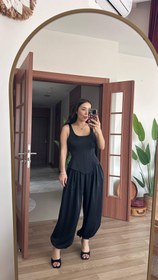Resim Saten dokulu tasarım siyah şalvar pantolon - XL 