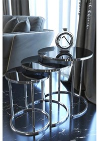 Resim Ims Zigon Dünyasi 3' Lü Füme Temperli Kırılmaz Aynalı Cam Gümüş Metal Zigon Sehpa Siyah 