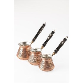 Resim Dmt Home Gaziantep Bakırdan El Ağır İşlemeli Sedef Kulplu Türk Kahve Cezvesi Kalay Kaplama 3'lü Seti 