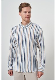 Resim Erkek İndigo Keten Çizgili Desen Düğmeli Yaka Slim Fit Gömlek 25ys004009308 İndigo İndigo 