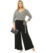 Resim Melsay Butik Kruvaze Yaka Kazayağı Desen Büyük Beden Kadın Tulum 