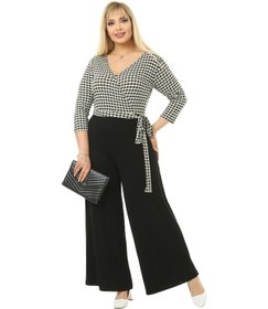 Resim Melsay Butik Kruvaze Yaka Kazayağı Desen Büyük Beden Kadın Tulum 