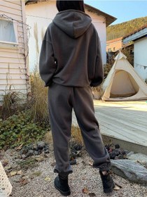 Resim Sunlight Yazılı 2li Sweatshirt Eşofman Altı Jogger- Füme Alt Üst Eşofman Takım Oversize Kapüşonlu Füme 