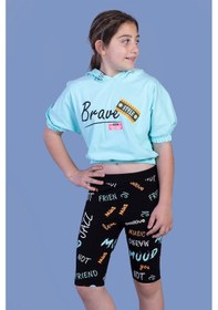 Resim Toontoy Kids Toontoy Kız Çocuk 2'li Takım Baskılı Kapüşonlu Kısa Kollu Crop Sweatshirt & Basic Düz Crop Tayt Su Yeşili 