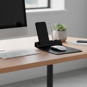 Resim Deri Mouse Pad ve Masaüstü Organizer - Telefon Standlı ve Kalemlik Bölmeli 3'ü 1 Arada Ofis Aksesuarı - Kaymaz Taban Şık Dikişli Suni Deri Mousepad - Siyah 