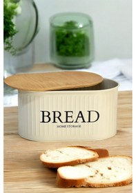 Resim Ahşap Kapaklı Metal Ekmeklik Krem Krem 
