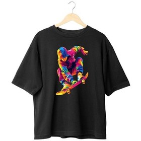 Resim Panda Baskı Tekstil Kaykaycı Özel Tasarım Tshirt Siyah 