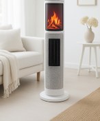 Resim Hoogar German 2075 L White Oben Seri OLED Şömineli Ekran Dijital Kule Tipi Seramik Fanlı Isıtıcı 