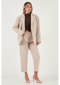 Resim Lela Regular Fit Yüksek Bel Düz Paça Kemerli Bayan Pantolon 68350938 Taş 