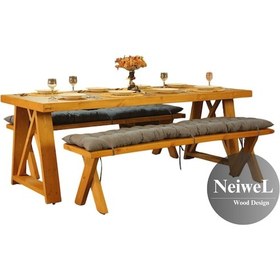 Resim Neiwel Kues Doğal Ahşap Banklı Mutfak Ve Yemek Masası Takımı-100-300 Takım Açık Ceviz 