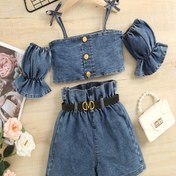 Resim 2 adet Toddler Kız Puff Kollu Soğuk Omuz Düğme Crop Üst & Paperbag Bel Şort kot Set Çocuk Yaz Giysileri 