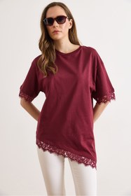 Resim Olalook Kadın Bordo Asimetrik Dantel Detaylı Pamuk Tunik Tişört TSH-19000939 