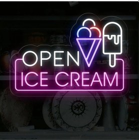 Resim Open Ice Cream Yazılı Ve Şekilli Neon Tabela Çok Renkli 