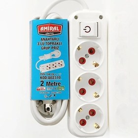Resim 3 Lü Topraklı Anahtarlı 2 Metre Kablolu Grup Priz 1 