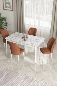 Resim Canisa Concept Ada Serisi 80x130 Sabit Mutfak Masası Takımı Beyaz Mermer Masa+4 Sandalye 