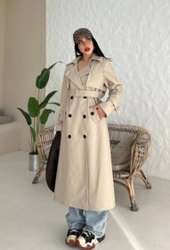 Resim AKD Atelier Kadın Trençkot Uzun Suni Deri Kemerli Düğmeli Cepli Yırtmaçlı Kruvaze Yaka Trençkot 