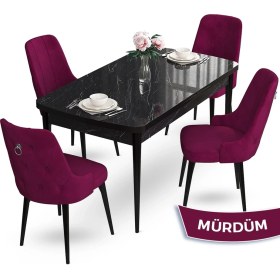 Resim Canisa Concept Nev Serisi 80 x 132 cm Açılabilir Siyah Mermer Desen Masa Takımı 4 Sandalye Gümüş Halkalı 