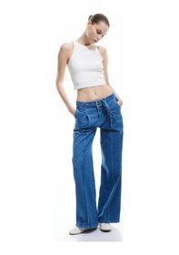 Resim Koton Geniş Paça Kemer Detaylı Pileli Pamuklu Jean Pantolon - Wide Leg Jeans Orta İndigo 5sal40181md Indigo 