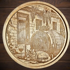 Resim Uyuyan Kedi Figürlü Ahşap Şarap Sunum Tahtası 