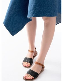 Resim 205-012 Siyah Ortopedik Hakiki Deri Kadın Sandalet Altın - Taba 