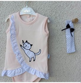 Resim 3-9 Ay Kız Bebek Badi Kedili Fırfırlı Bandanalı Somon Çok Renkli 