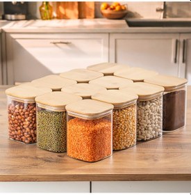 Resim Porsima 407 12li Kare 900 Ml Bambu Vakumlu Kapaklı Cam Kavanoz Seti Saklama Kabı 10x12cm Şeffaf 