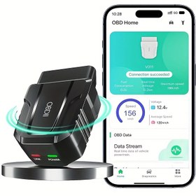 Resim OBD2 tarayıcıya kablosuz ve otomatik olarak bağlanabilen, motor kodlarını okuyan ve gerçek zamanlı veri iletimi sağlayan, iOS/Android sistemleriyle uyumlu, pil gerektirmeyen ürün 