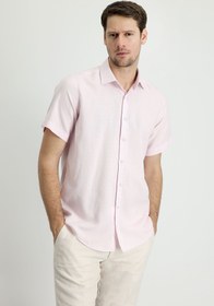 Resim Toz Pembe Kısa Kol Regular Fit Spor Pamuklu Keten Karışımlı Gömlek 