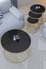 Resim Puklife C Hasır 4lü Zigon Sehpa Ve Orta Sehpa Seti Gold Ayak -siyah Ayna 