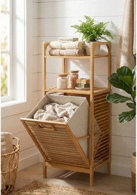 Resim Doğal Bambu Kirli Sepetli 2 Raflı Çok Amaçlı Banyo Düzenleyici Çamaşır Sepeti Organizer Bej 