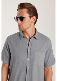 Resim Tudors Erkek Regular Fit Klasik Kesim %100 Pamuk Keten Doku Cepli Gri Gömlek-32679 Gri 