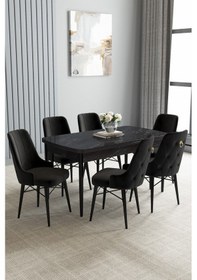 Resim Jusie Siyah Mermer Desen 80x132 Açılabilir Yemek Odası Takımı 6 Adet Sandalye Siyah 