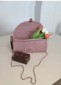 Resim Kadın Çanta, Portföy Çantası, Tres İp, Kordon İp Çanta, Sağlam Kullanışlı Pudra - Pembe 