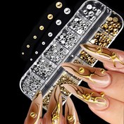 Resim 12-Grid Uzun Şerit Tırnak Sanatı Aksesuar Seti, Karma Altın ve Gümüş Düz Taban Yarım Yuvarlak Rhinestones, Kokusuz, DIY Manikür için 